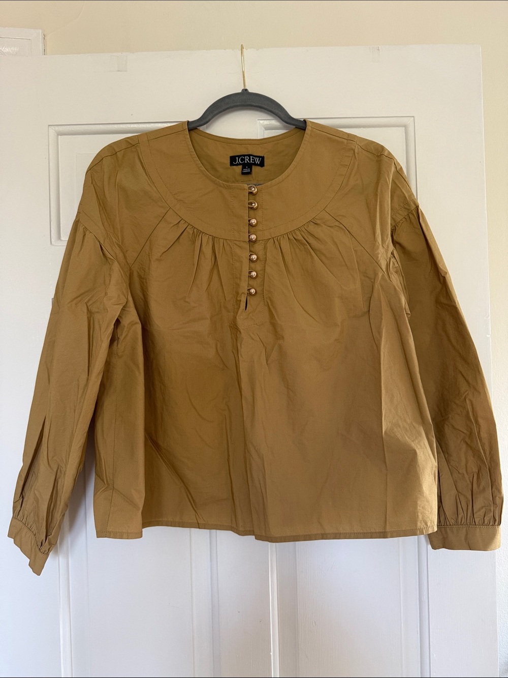 J.Crew Mustard Tan Yoke-Front Button Blouse – Size S - 100% Cotton